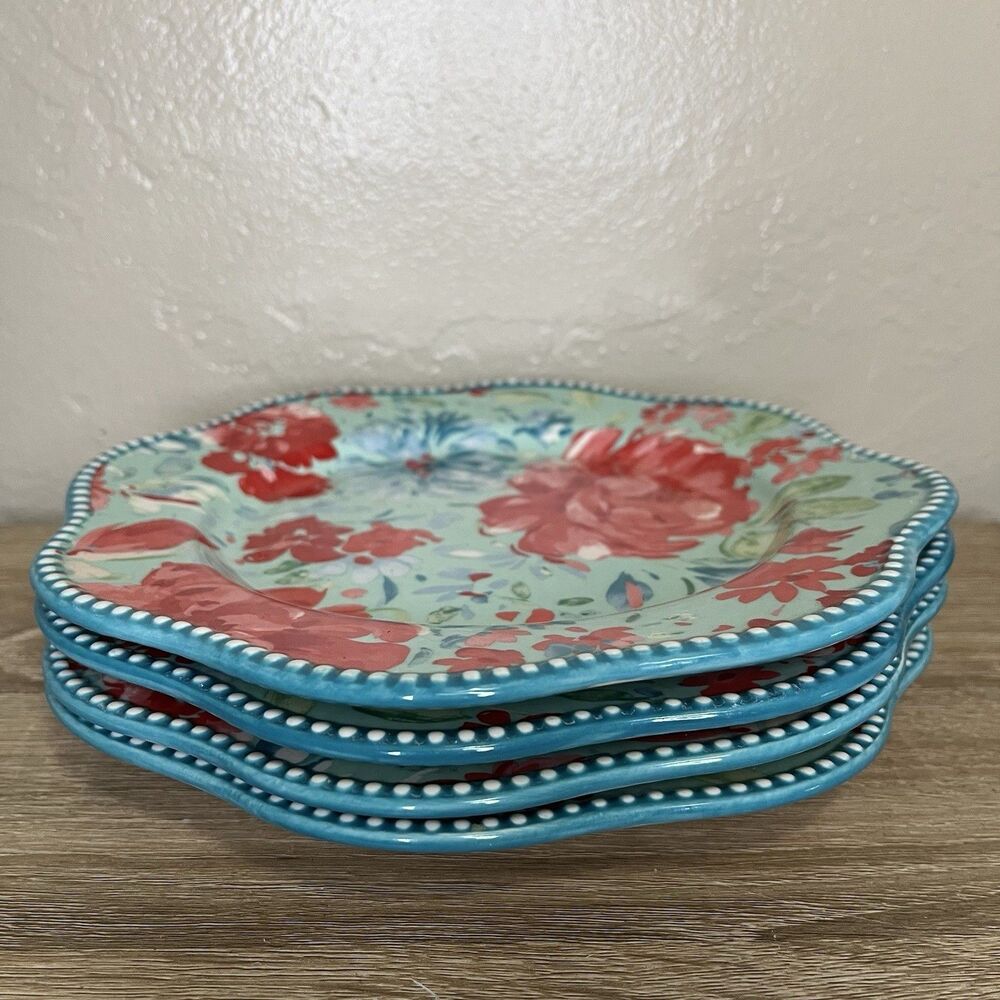 Pioneer Woman Gorgeous Gardens Set of 4 Salad Plates Blue Floral 8.75”